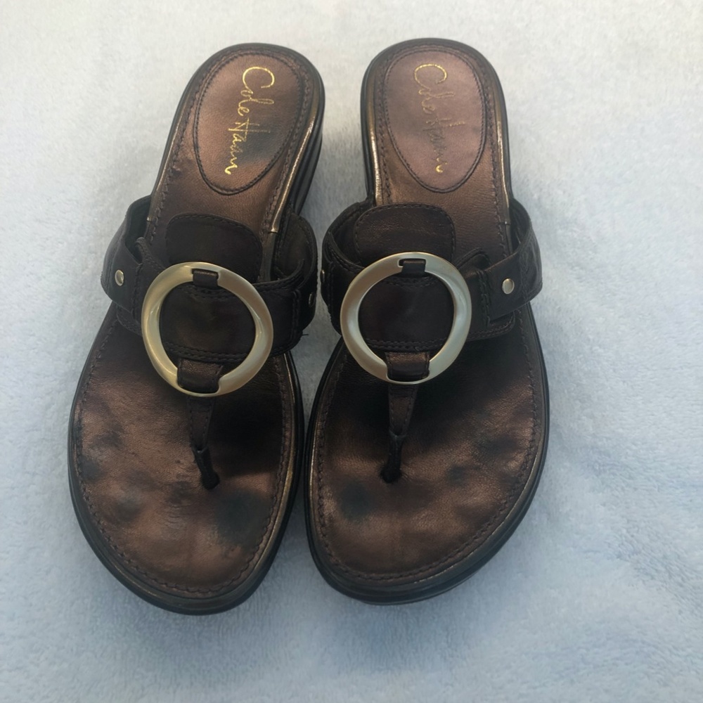 Cole Haan Nike Air Thong Wedge Sandals,  Metallic Brown w/ gold accents size 7.5